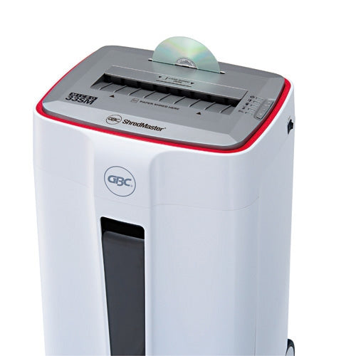 GBC ShredMaster 33SM P-5 micro cut office shredder with 8-10 sheet capacity, 30L pull-out bin, separate CD slot, 15-minute duty cycle, includes free GBC oil sheets