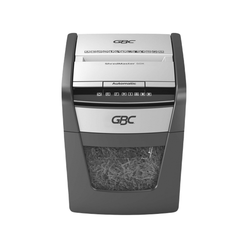 GBC ShredMaster Auto+ 50X P-4 cross cut auto feed shredder with 50 sheet capacity and 20L bin