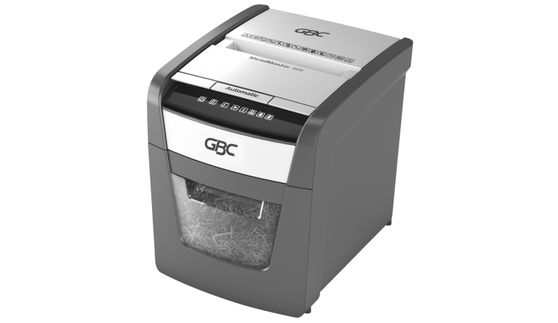GBC ShredMaster Auto+ 50X P-4 cross cut auto feed shredder with 50 sheet capacity and 20L bin