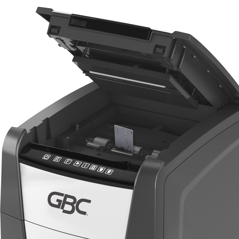 GBC ShredMaster Auto+ 150M P-5 micro cut auto feed shredder with 150 sheet capacity and 44L bin