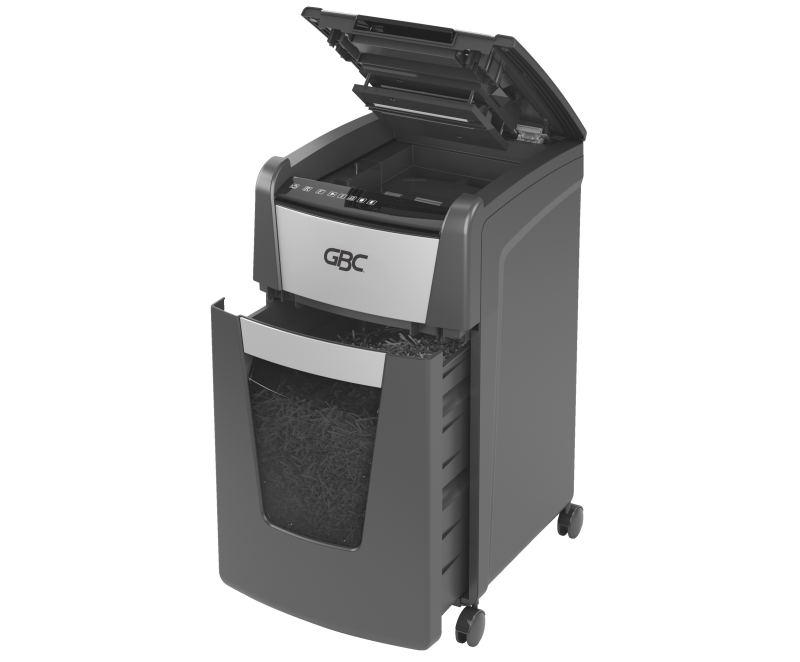GBC ShredMaster Auto+ 225M P-5 micro cut auto feed shredder with 225 sheet capacity and 60L bin