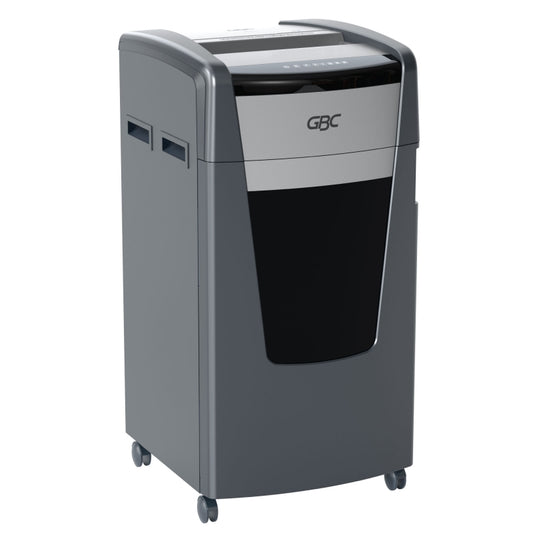 GBC ShredMaster XP520+ P-5 micro cut departmental shredder with 20-sheet capacity, 120L pull-out bin, jam free Active Sensing Technology, ultra quiet 55dBA, shreds CDs DVDs credit cards, includes free GBC oil sheets and $100 trade-in rebate