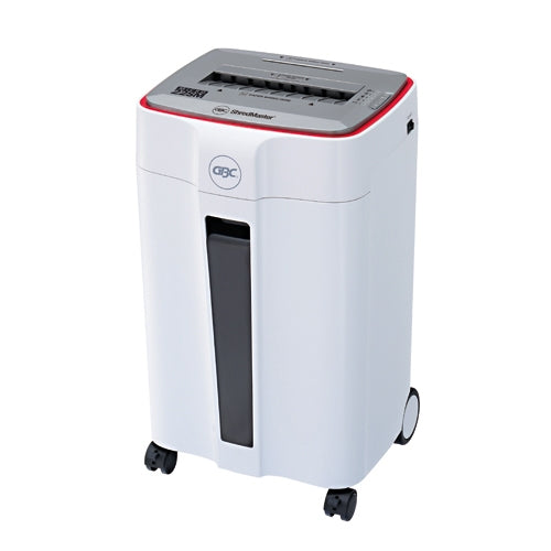 GBC ShredMaster 33SM P-5 micro cut office shredder with 8-10 sheet capacity, 30L pull-out bin, separate CD slot, 15-minute duty cycle, includes free GBC oil sheets
