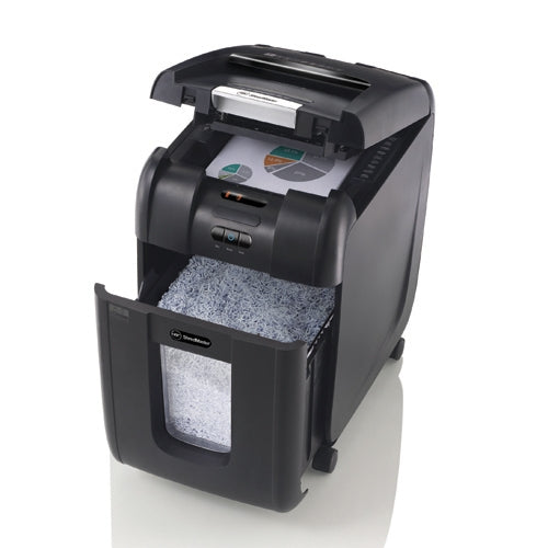 GBC ShredMaster Auto+ 200M P-5 micro cut auto feed shredder with 200 sheet capacity and 32L bin
