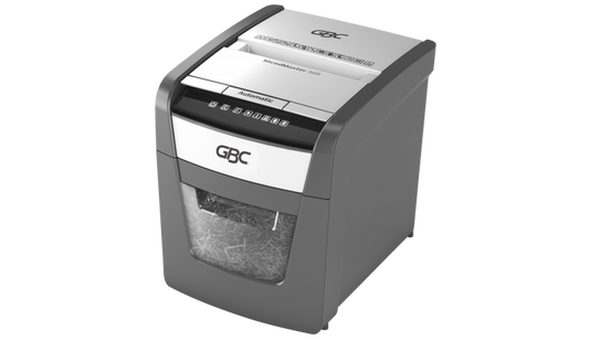 GBC ShredMaster Auto+ 50X P-4 cross cut auto feed shredder with 50 sheet capacity and 20L bin