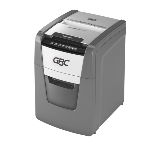 GBC ShredMaster Auto+ 100X P-4 cross cut auto feed shredder with 100 sheet capacity and 34L bin