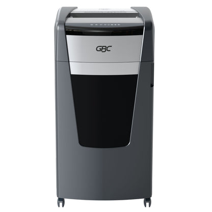 GBC ShredMaster XP520+ P-5 micro cut departmental shredder with 20-sheet capacity, 120L pull-out bin, jam free Active Sensing Technology, ultra quiet 55dBA, shreds CDs DVDs credit cards, includes free GBC oil sheets and $100 trade-in rebate