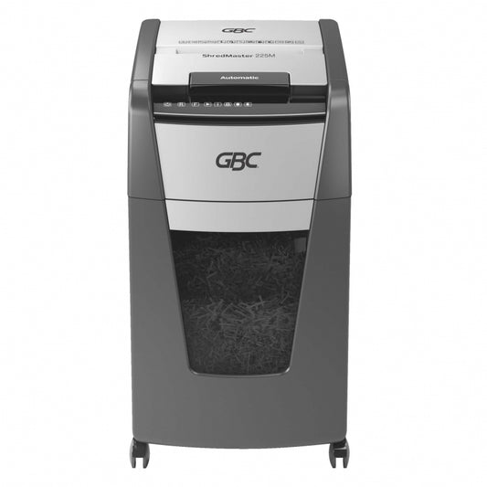 GBC ShredMaster Auto+ 225M P-5 micro cut auto feed shredder with 225 sheet capacity and 60L bin