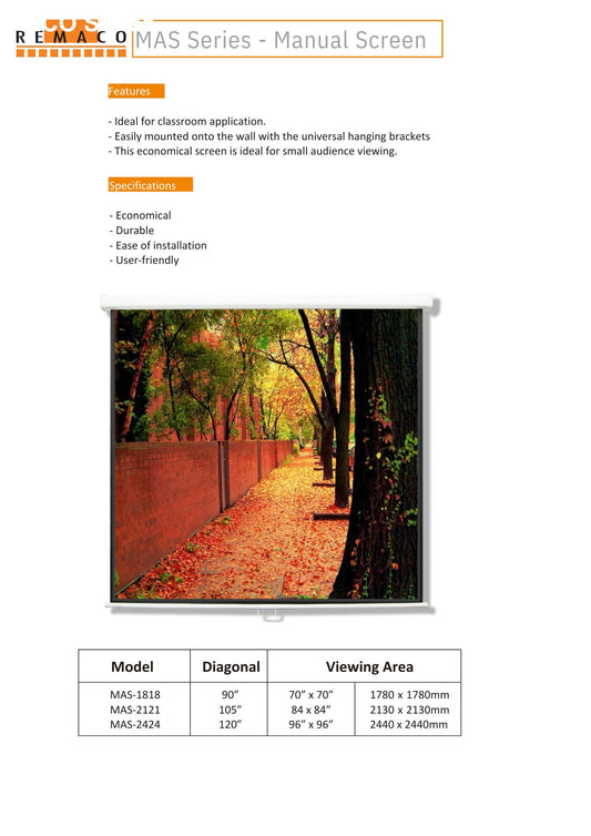 Remaco MAS Manual Pull Down Projector Screen
