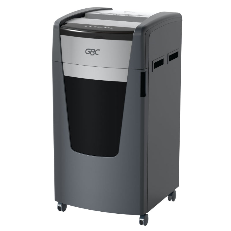 GBC ShredMaster XP520+ P-5 micro cut departmental shredder with 20-sheet capacity, 120L pull-out bin, jam free Active Sensing Technology, ultra quiet 55dBA, shreds CDs DVDs credit cards, includes free GBC oil sheets and $100 trade-in rebate