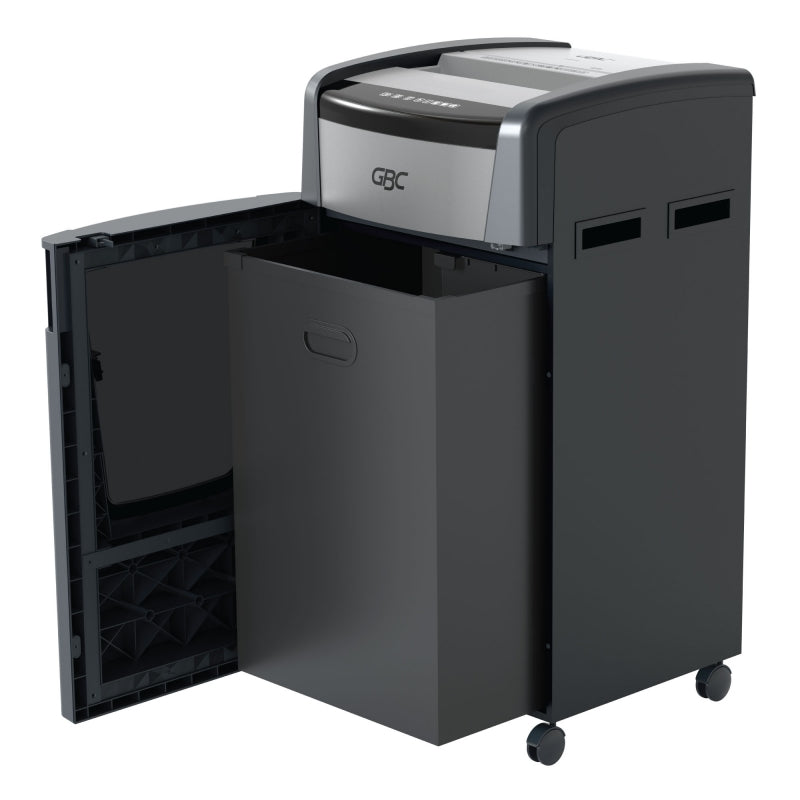 GBC ShredMaster XP520+ P-5 micro cut departmental shredder with 20-sheet capacity, 120L pull-out bin, jam free Active Sensing Technology, ultra quiet 55dBA, shreds CDs DVDs credit cards, includes free GBC oil sheets and $100 trade-in rebate