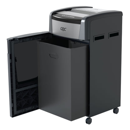 GBC ShredMaster XP520+ P-5 micro cut departmental shredder with 20-sheet capacity, 120L pull-out bin, jam free Active Sensing Technology, ultra quiet 55dBA, shreds CDs DVDs credit cards, includes free GBC oil sheets and $100 trade-in rebate