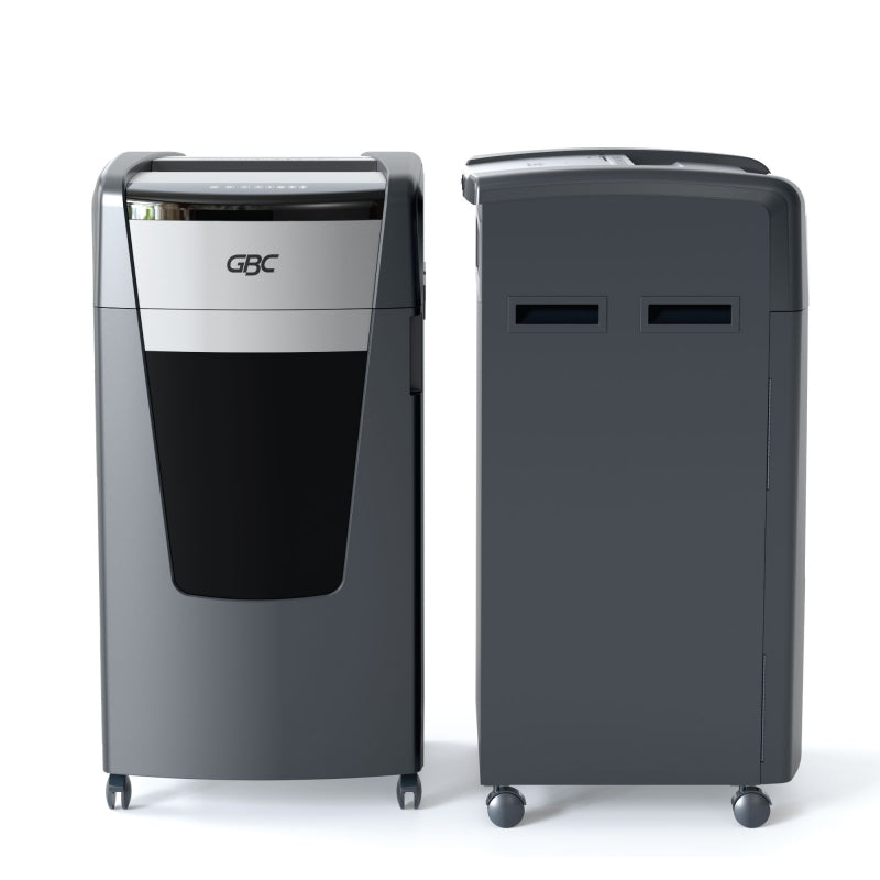 GBC ShredMaster XP520+ P-5 micro cut departmental shredder with 20-sheet capacity, 120L pull-out bin, jam free Active Sensing Technology, ultra quiet 55dBA, shreds CDs DVDs credit cards, includes free GBC oil sheets and $100 trade-in rebate
